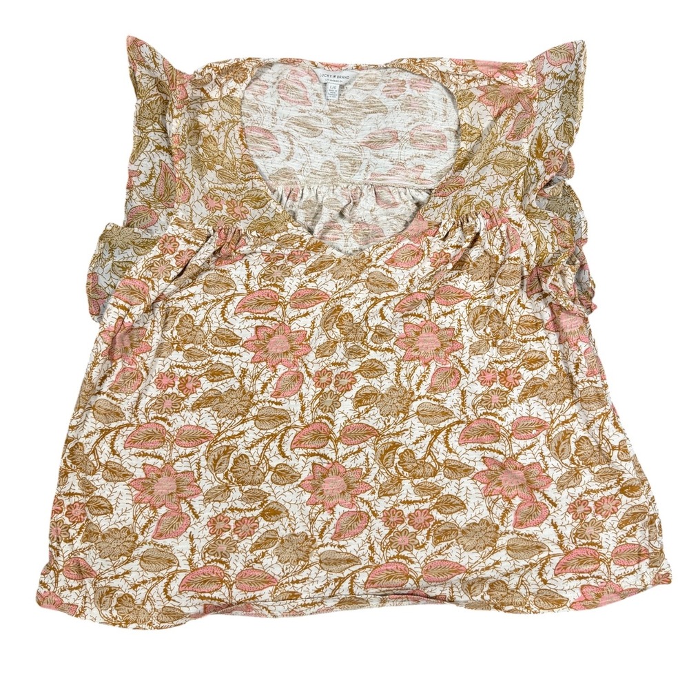 Lucky Brand Floral Top Womens Large Pink Tan Flutter Sleeve V Neck Boho - Picture 4 of 12